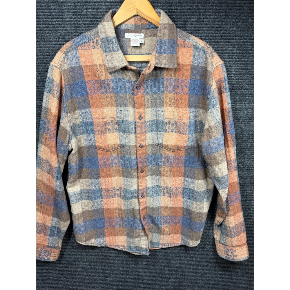 Carbon2Cobalt Mens Jacquard Plaid Button Down Shirt Orange Blue Grey Medium